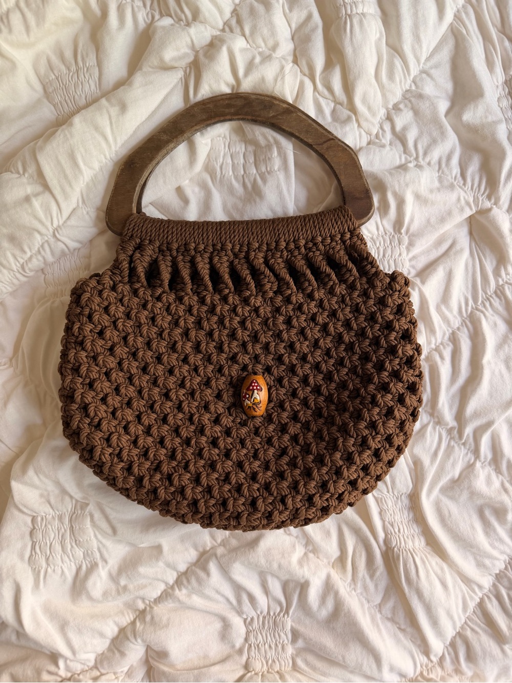 Vintage Mushroom Crochet Macrame Handbag with Wooden Handle